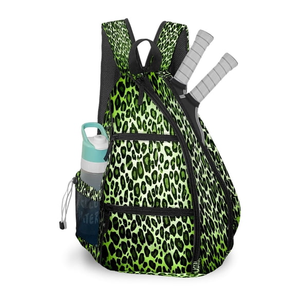 Pickleball Bag with Padded Back, Green Leopard Print Multi-Compartment Paddle Backpack, Lightweight Nylon Sports Bag for Men & Women