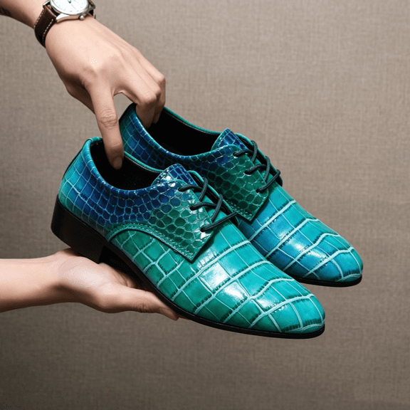 Men's Lace‑Up Oxford Dress Shoes, Crocodile Embossed Glossy Upper Footwear with Block Low Heel Outsole for Formal Events and Dress‑Up Occasions