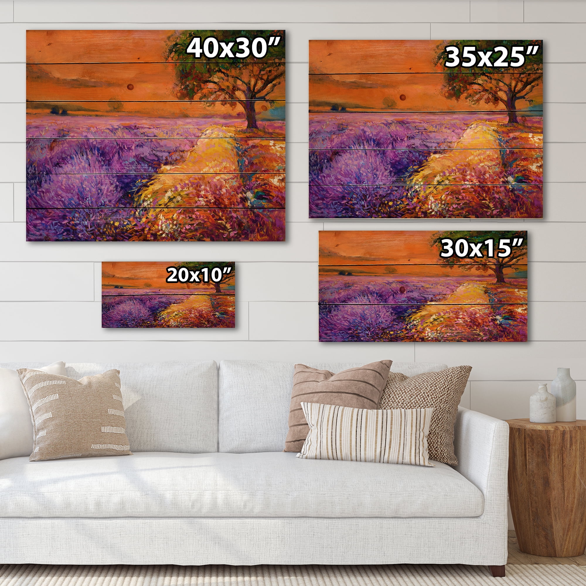 Designart 'An Orange Sunset Over Purple Lavender Fields II' Farmhouse Print on Natural Pine Wood