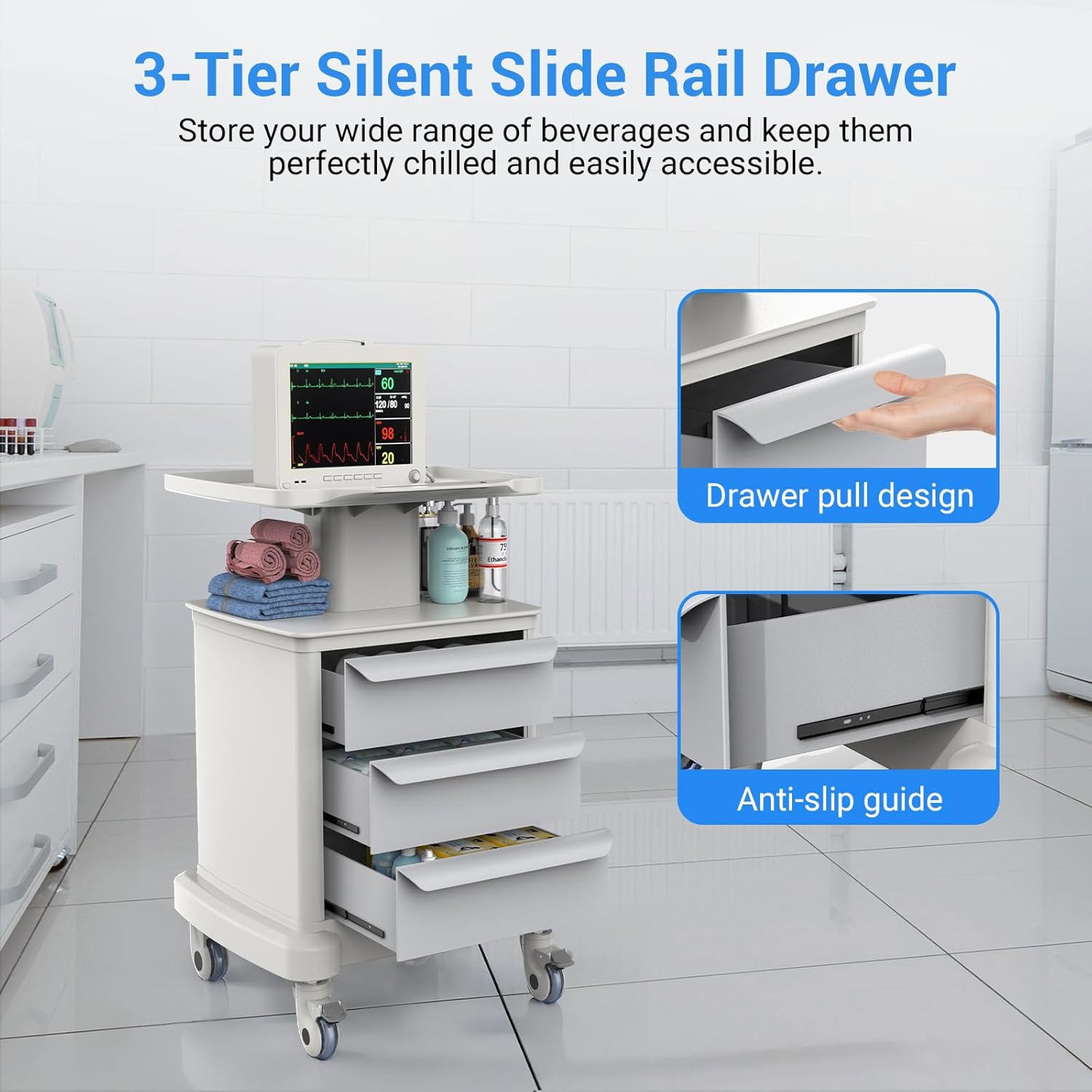 Joreek Mobile Ultrasound Cart with Wheels Medical Cart with 3 Drawers Ultrasound Imaging Scanner Vehicle Rolling Utility for Hospital Office Salon