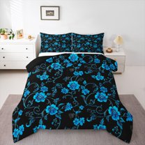 Homewish Chic Blue Flowers 3 Pieces Queen Comforter Set for Teens Girls Boys,Exotic Style Ultra Soft Bedding Sets,Floral Blossom Bedding Comforter Set,Ultra Soft Home Decor,Reversible
