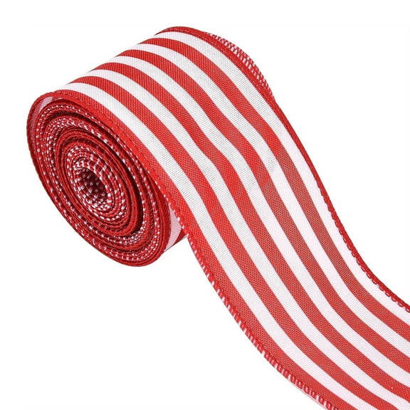Christmas Red and White Striped Wired Ribbon 2.5 Inch Wide x 5 Yards, Polyester Craft Ribbon with Wire Edge for Wreaths, Gift Wrapping, Holiday Decorations