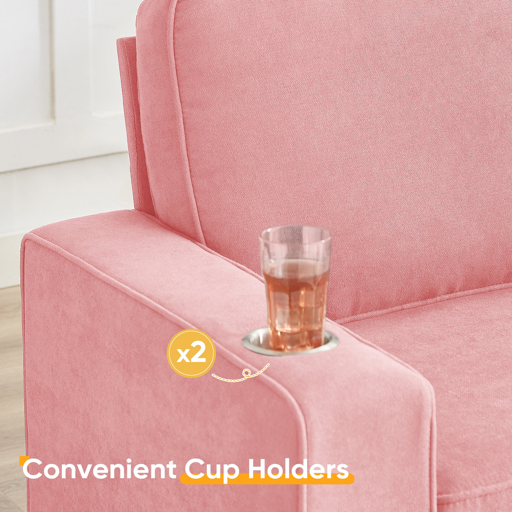 Lunale 83" Velvet Sofa with Cup Holders, Modern 3-Seater Couch for Living Room, Apt., Pink