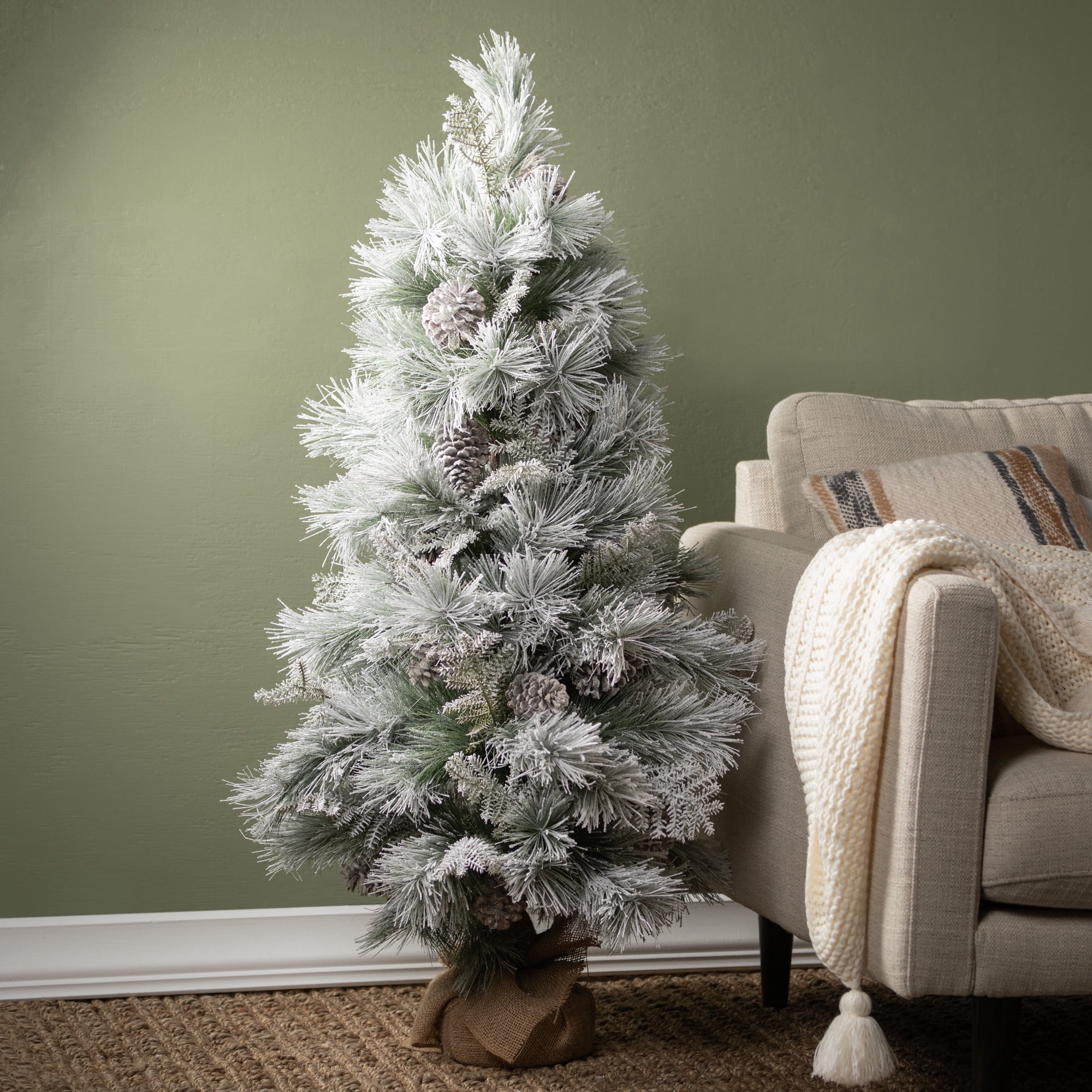4' Sullivans Flocked Pine Tree In Burlap, Green Christmas Tree
