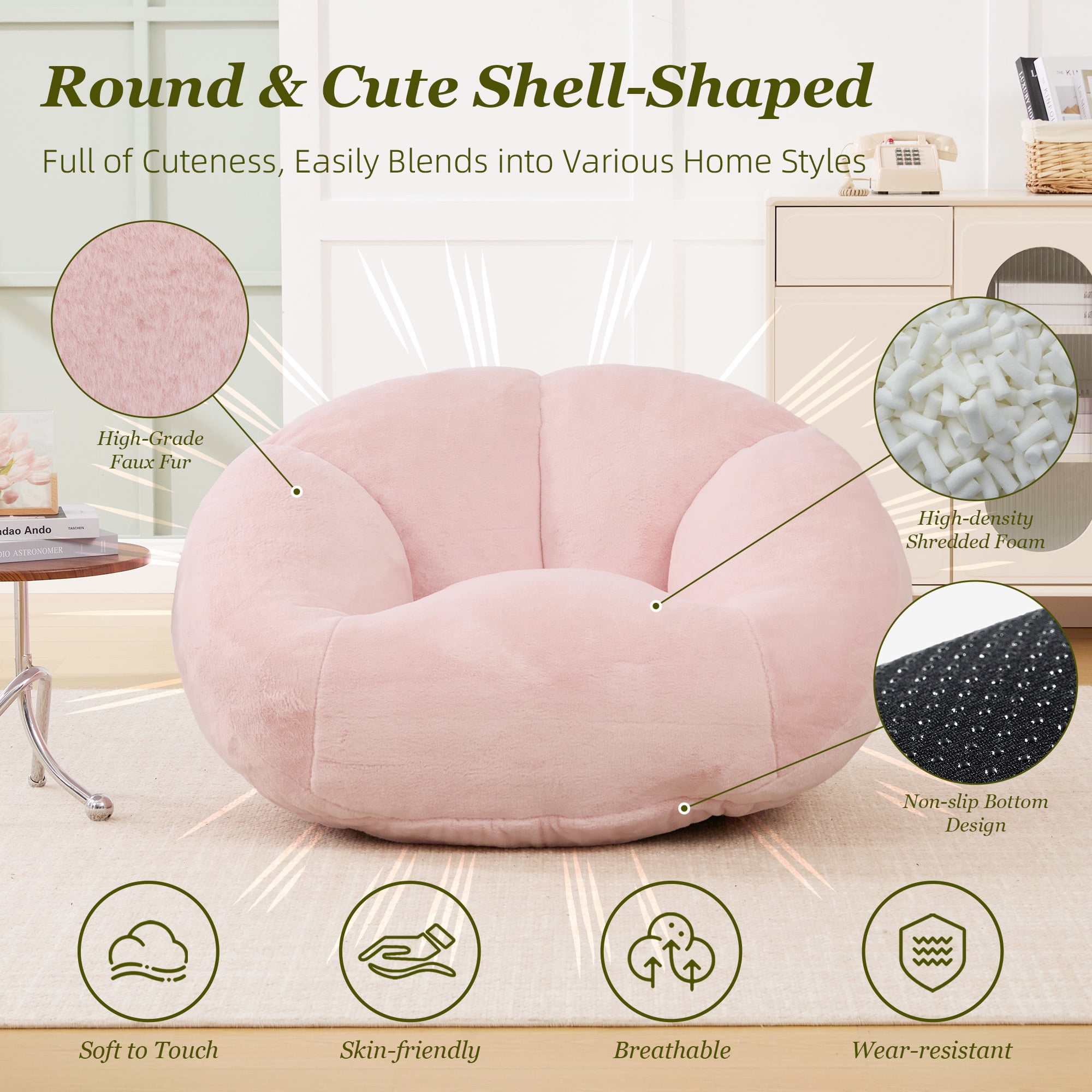MOONMISS Bean Bag Chair for Adults & Teen,Floral Shaped Memory Foam Deep Sink-in Breathable Faux Fur Bean Bag Sofa,Easy to Clean for Living Room & Dorm,Pink
