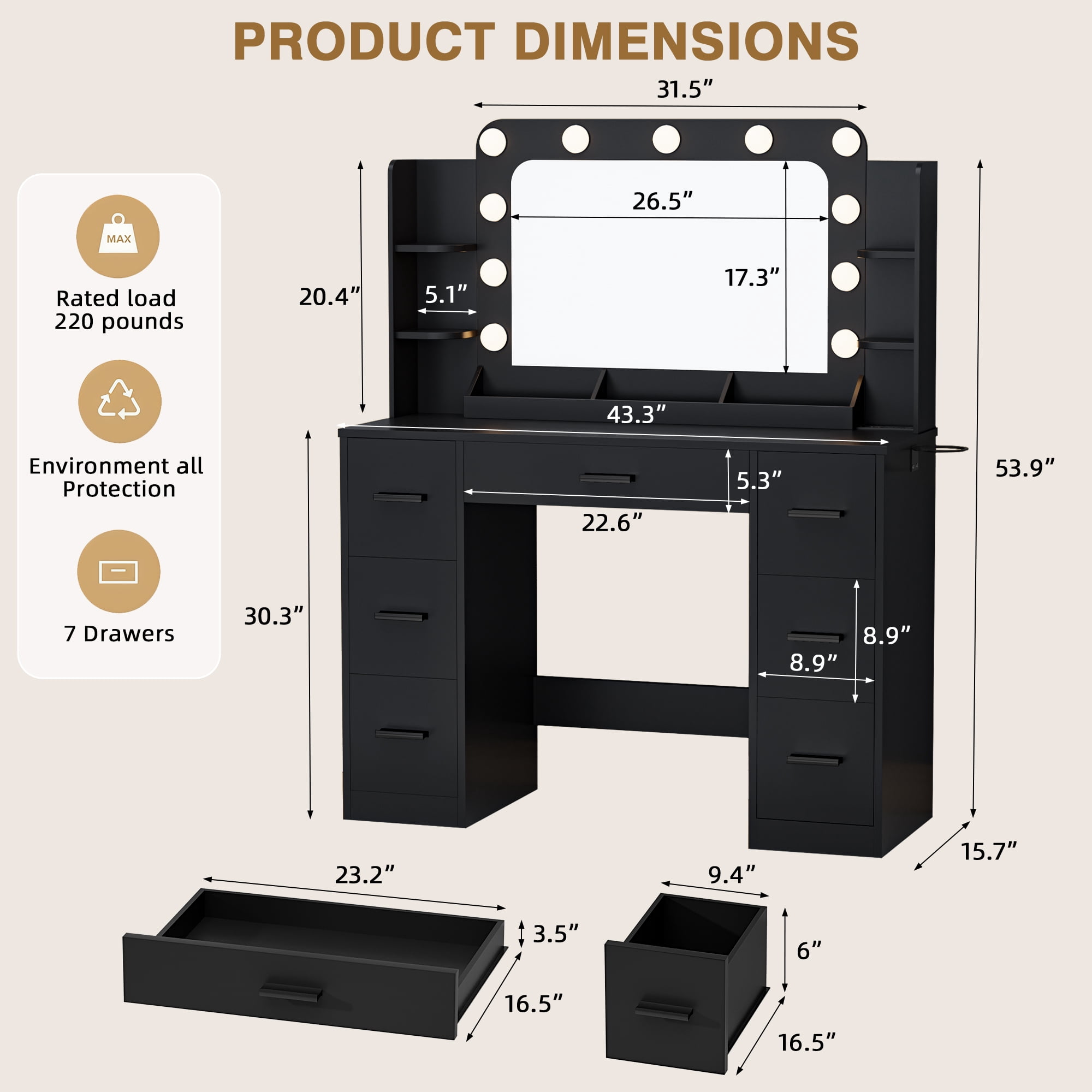 Homall Vanity Desk with Lights & Mirror, Makeup Vanity Set with Power Outlet & Storage Drawers Shelves for Bedroom, Black