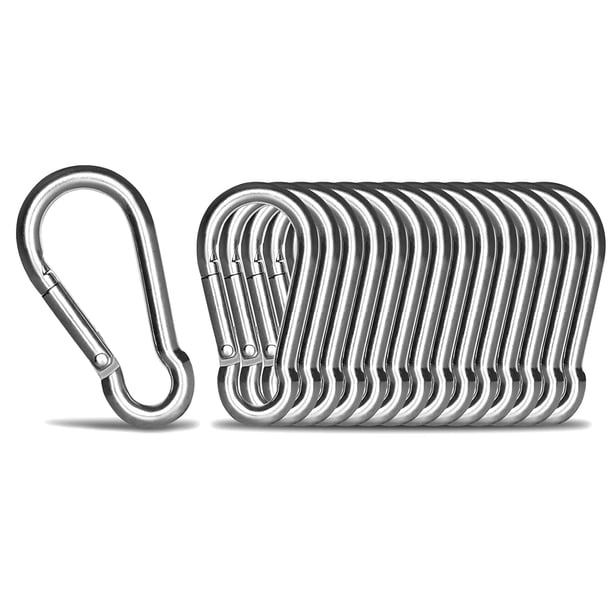 Mosquetones de acero inoxidable 304 (paquete de 15), gancho resistente de 5 cm con resorte, pequeños mosquetones caribeños para acampar al aire libre, columpios, hamacas, senderismo, viajes, pesca y