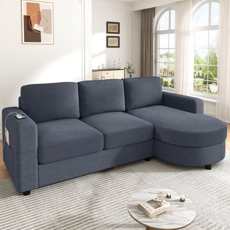 Modern Sectional Sofa 84.6" L-shaped Sofa Couch with a Curved Chaise Lounge, USB Ports and Side Storage Pockets for Living Room, Blue