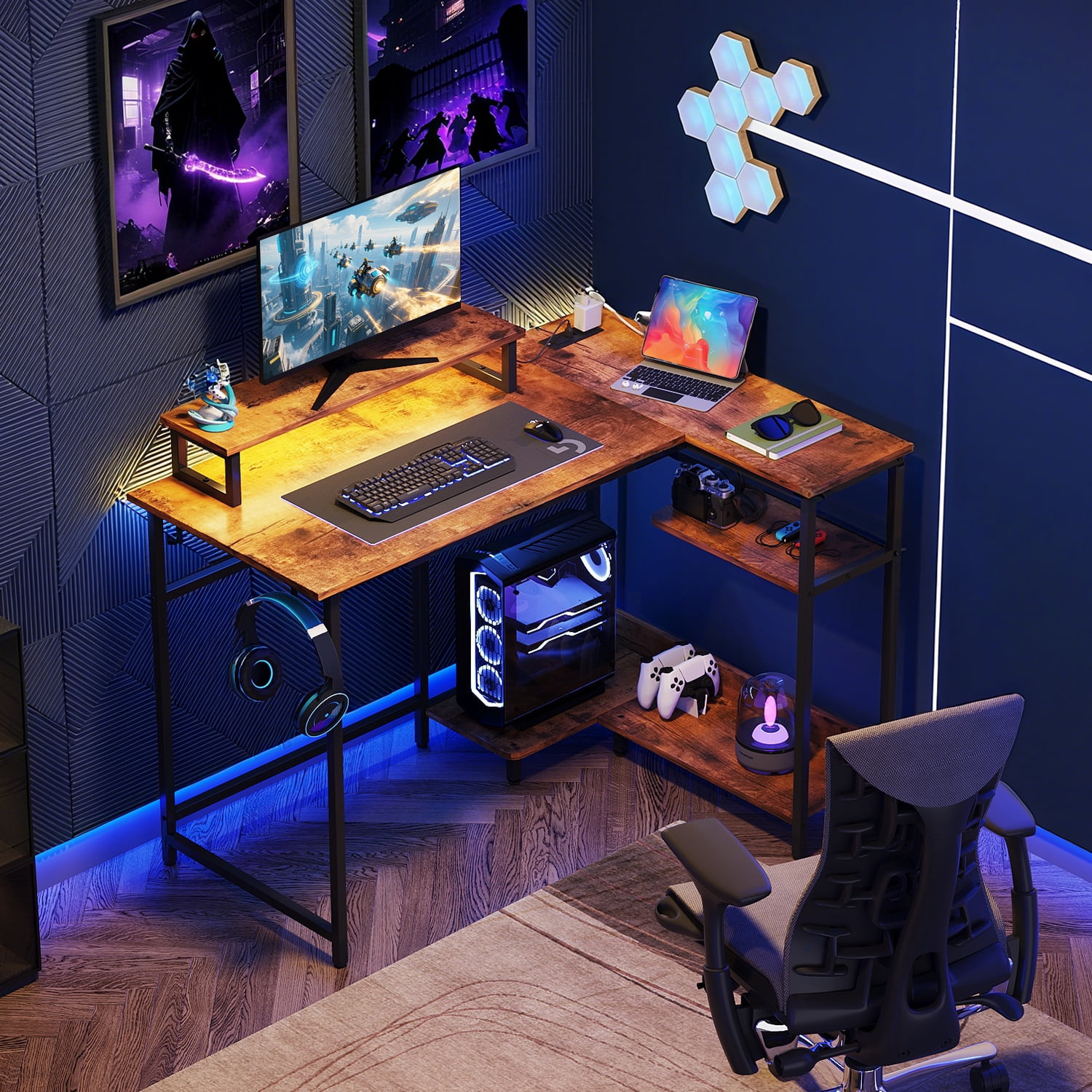 GALAXHERO 43 Inch L Shaped Gaming Desk with LED Lights & Power Outlets, Corner Desk for Small Spaces, Sturdy PC Computer Table with Storage for Home Office, Rustic Brown