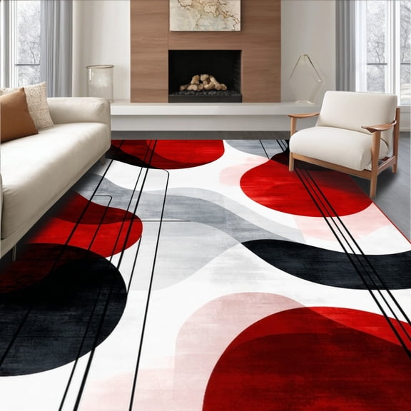 ODIKA 4'x6' Machine Washable Non-Slip Area Rug, Contemporary Abstract with Bold and Grey Swirls High Traffic Rug, Red, 107817
