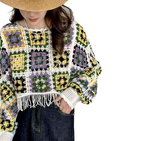 Yokua Hollow Crochet Knit O-Neck Loose Sweater Batwing Long Sleeve Tassels Crop Top
