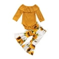 thumbnail image 1 of Xingqing 2Pcs Infant Baby Girls Clothes Knit Long Sleeve Ruffle Off Shoulder Romper Flowers Flared Pants Sets, 1 of 9
