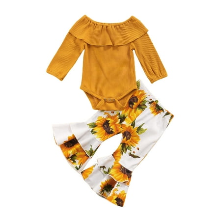 

Sunisery 2Pcs Infant Baby Girls Clothes Ruffle Knitted Long Sleeve Romper+Sunflower Print Flare Pants Outfit White 0-3 Months