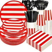 PartySupplies Set 9"Red and White Striped Plates7"Red carnival Plates Napkins Cup Knive Fork Spoon for Striped Carnival Party Picnic BBQ Birthday Party Decor Serve25$$Home Decor, Kitchen, & Other