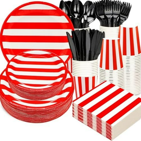 PartySupplies Set 9"Red and White Striped Plates7"Red carnival Plates Napkins Cup Knive Fork Spoon for Striped Carnival Party Picnic BBQ Birthday Party Decor Serve25$$Home Decor, Kitchen, & Other