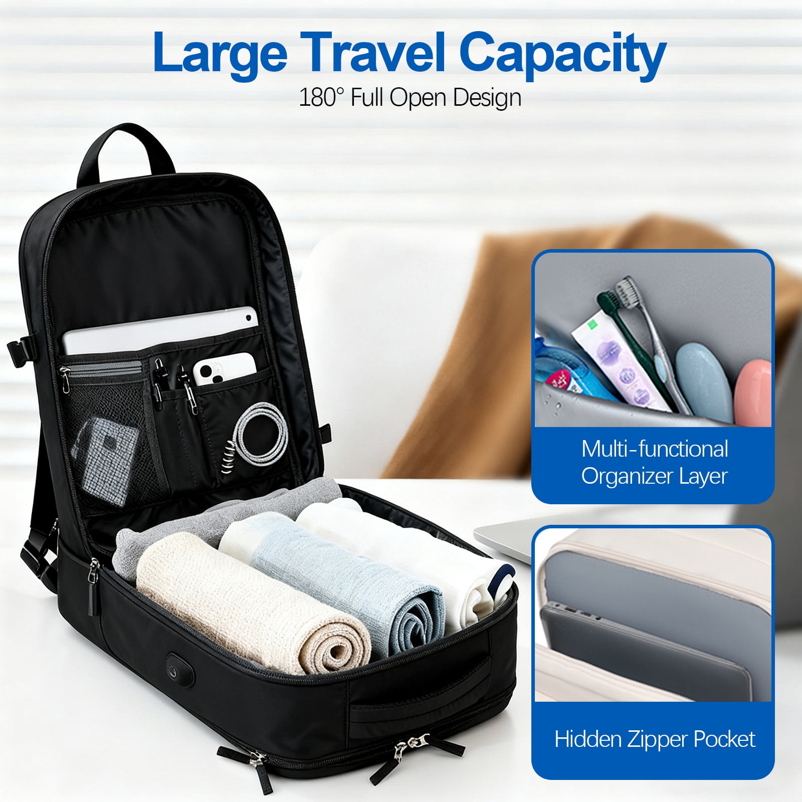 Fenbeli Expandable Travel Laptop Backpack, Fits 15.6-Inch Laptop, Water-Resistant Backpack with USB Charging Port, Anti-Theft Pocket & Luggage Strap