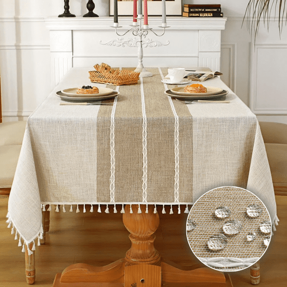 Asunby Cotton-Linen Waterproof Wrinkle-Resistant Tablecloth, Burlap-Textured Rectangular Table Cover with Tassels, Brown 55x70 Inches for 4-6 Seats, Brown