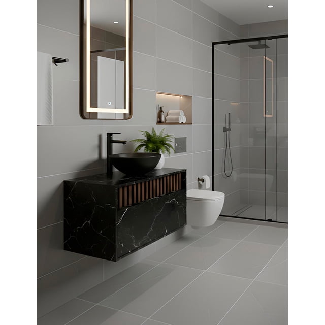 Gabinete de Baño Minimalista con Lavamanos Integrado, Mueble para Baño, Diseño Moderno con Puerta y Lambrín.