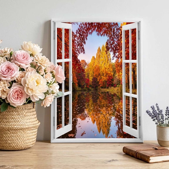 Window View Canvas Wall Art Framed Wall Decor for Living Room Bedroom Bathroom, Fall Country Orange Maple Trees Fallen Leaf Rustic Lake Canvas Pictures Ready to Hang Decor, 20"x24"