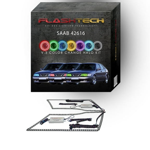 Flashtech RGB Multi Color Changing LED Halo kit for 1999-2003 Saab 9/3/2016 Headlights