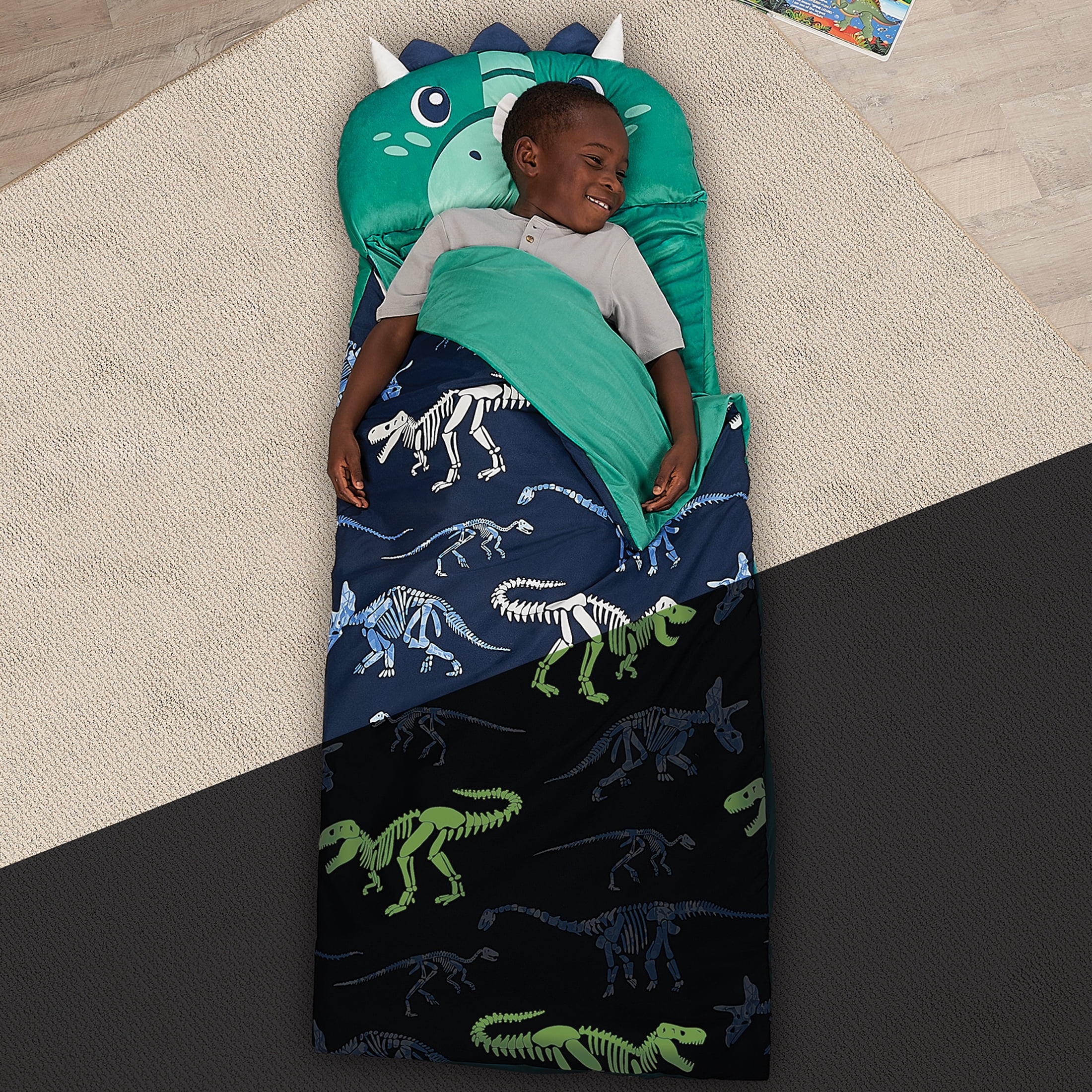 Your Zone Green Dinosaur Glow in the Dark Kids Nap Mat, 24" x 70"