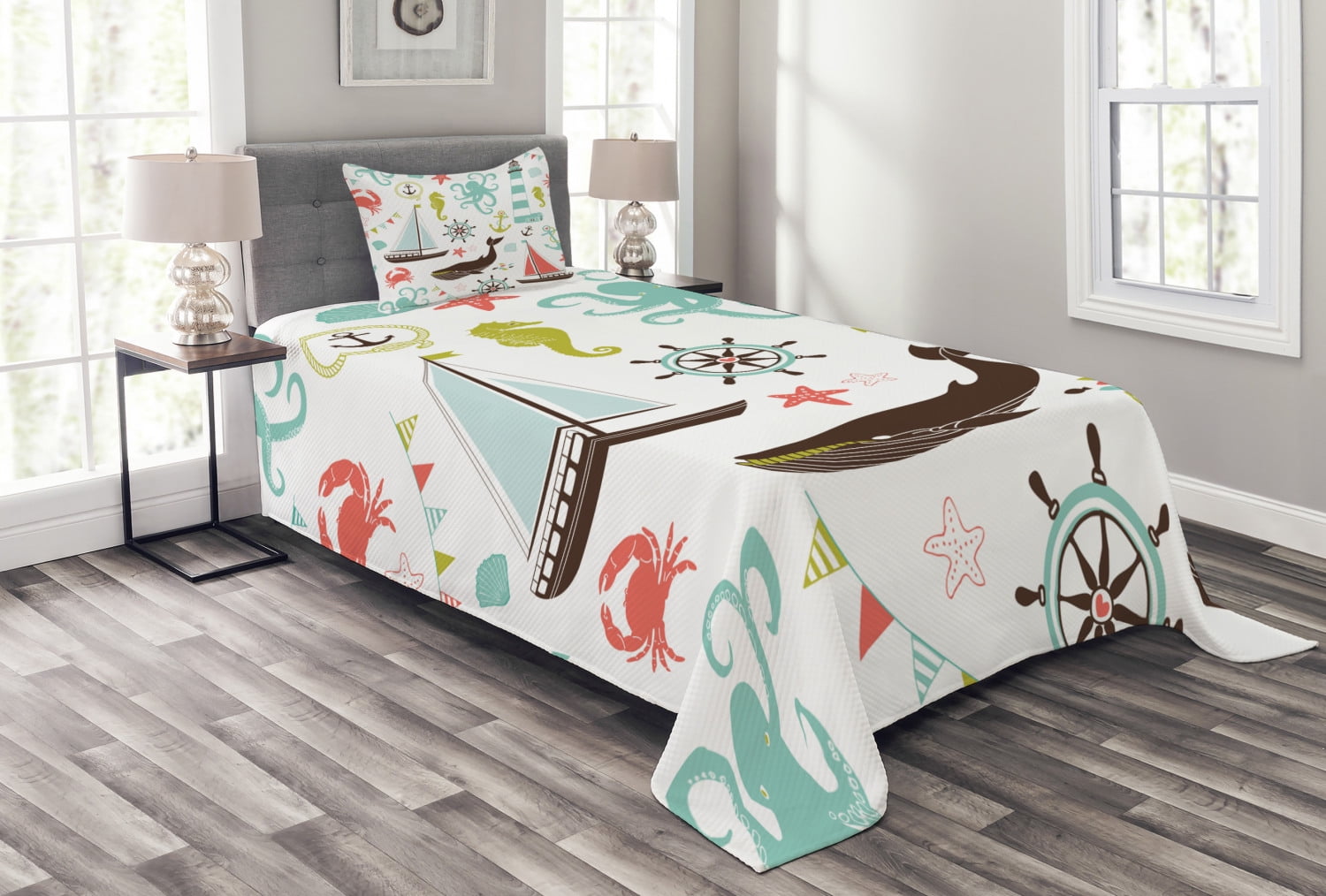 Nautical Bedspread Set Twin Size, Pastel Colored Composition of