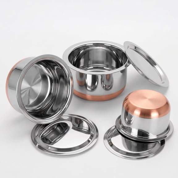 Stainless Steel Copper bottom Tope Set with Lid, Cookware Set of 3 count Gas Stove Friendly multi purpose Container Pot Set (60 Oz,  Oz and 33 Oz)