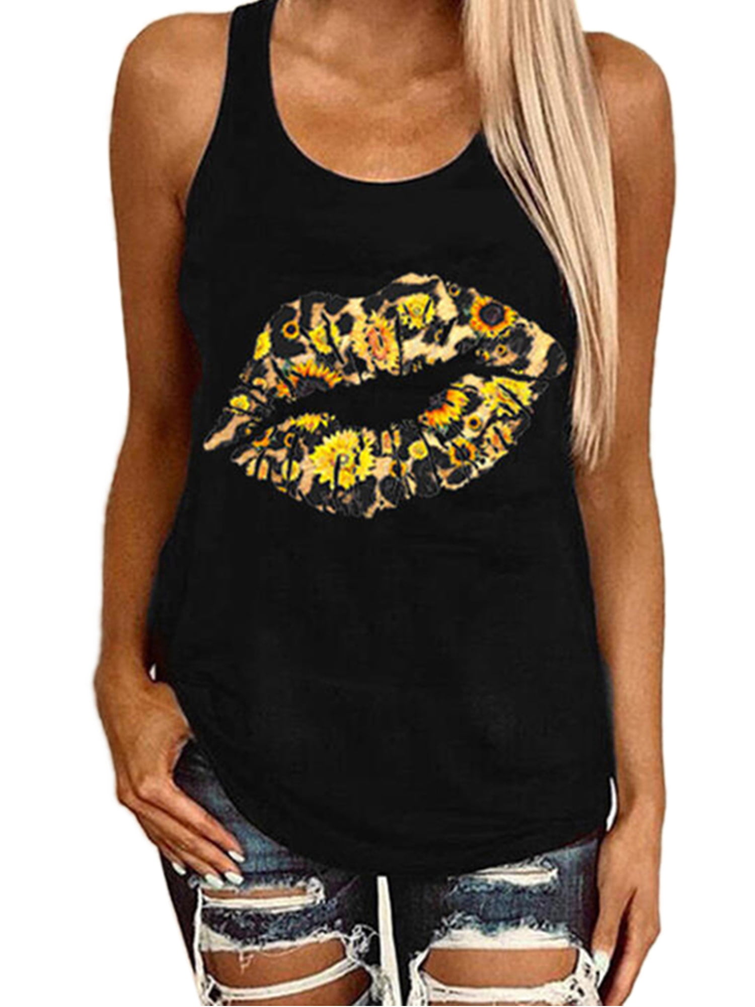 Women Leopard Pineapple Printed Tank Top Funny Graphic Vest Sleeveless Shirt Tee Tops