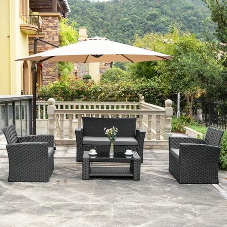 Westin Outdoor 4-Piece Rattan Wicker Conversation Sofa Set with Cushions  Black/Gray