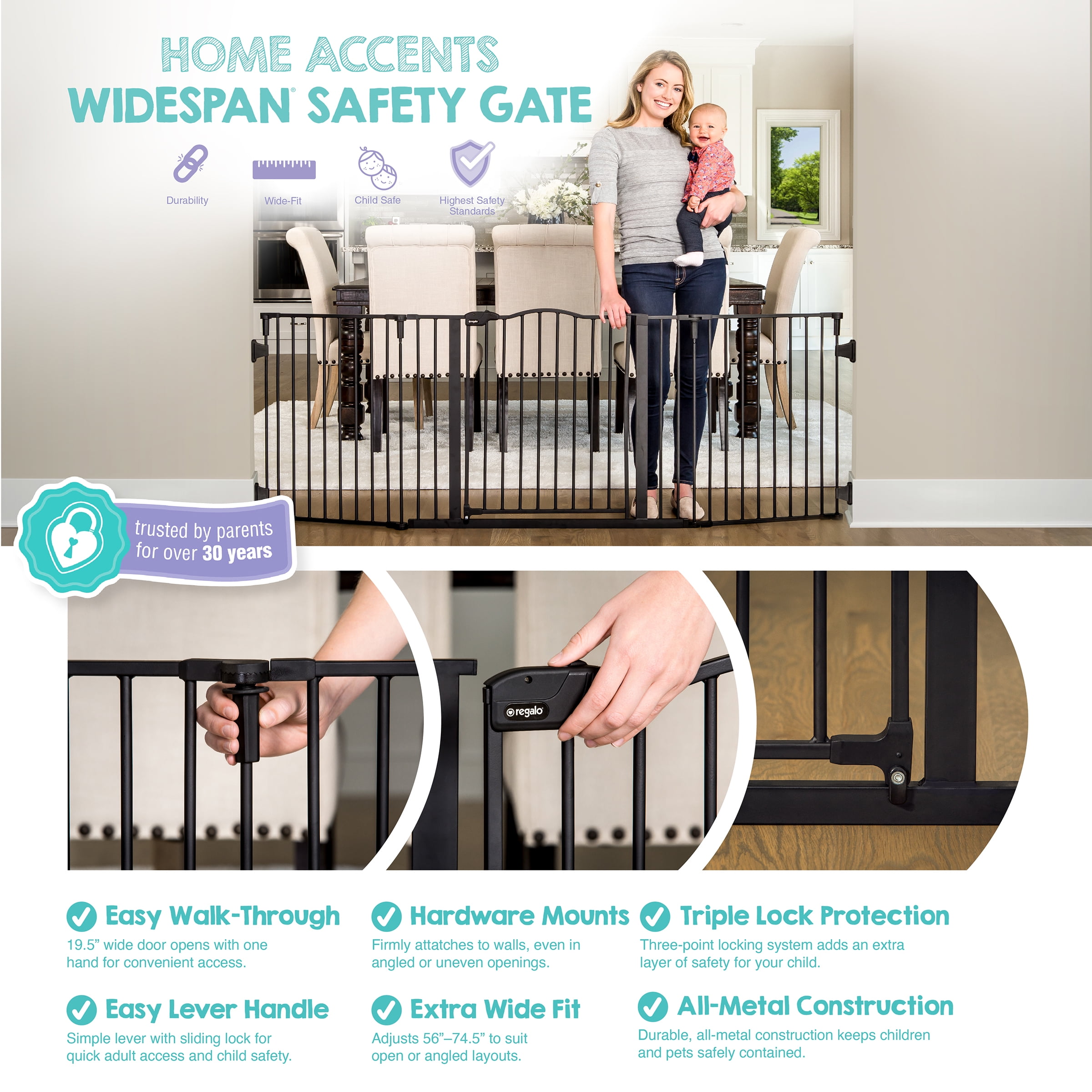 Regalo Deluxe Home Accents 74 inch Widespan Baby Safety Gate, Black, Ages 6 to 24 Months