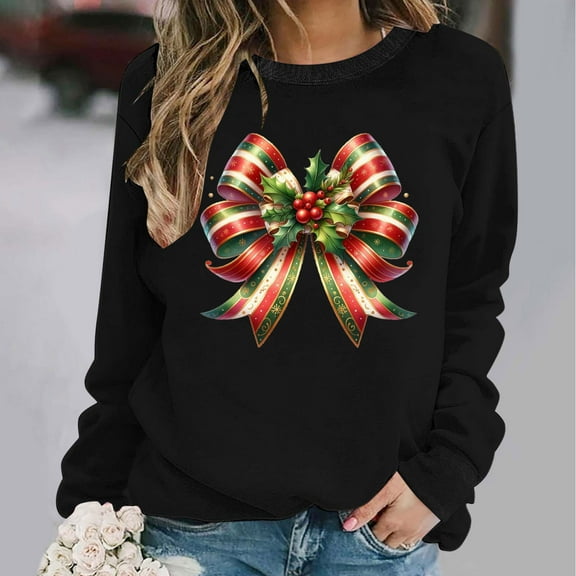 Wancir Christmas Sweatshirt Women Xmas Bow Graphic Sweatshirts Round Neck Long Sleeve Pullover Tops Vacation Loose Blouses