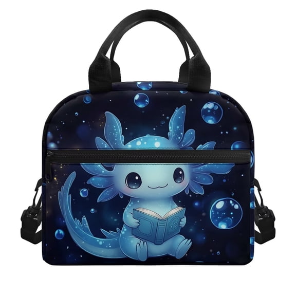 Pzuqiu Cute Axolotl Print Lunch Tote Bag Thermal Reusable Leakproof Lunch Container for School Picnic Travel, Large Capacity Wearable Lunch Cooler Bag with Adjustable Strap