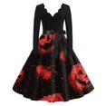 thumbnail image 2 of Halloween Dresses for Women Castle Printed Long Sleeve Fall Swing Dress Bat Cocktail V-Neck Classic Tea Length Dress with Belt M, 2 of 7