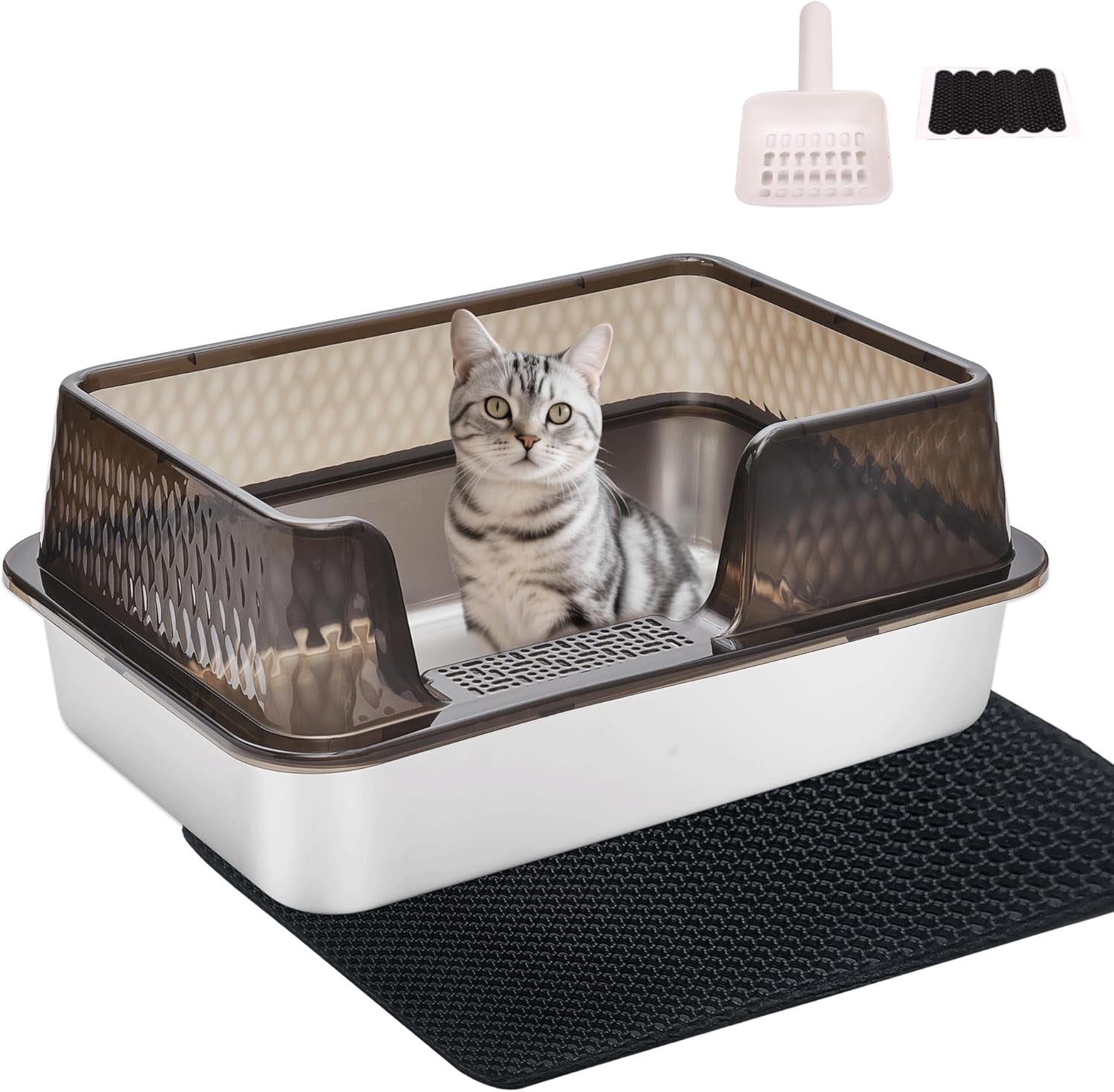 Enclosed High Sided Metal Stainless Steel Cat Litter Box with lid Scoop and Mats for Kittens or Medium Cats, Easy Clean Transparent Black Deep Tall Kitty Litter Box