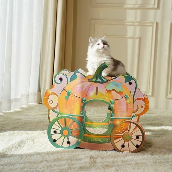 Fairela Double-Layer Pumpkin Carriage Cat House,Corrugated Cardboard Scratcher Bed and Playhouse