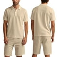 thumbnail image 3 of Ohufall Summer Beach Shirt Short Sets for Men 2 Piece Outfits Casual Solid Cotton Linen Lapel Tee Tops and Shorts Mens Plus Size Tracksuit Sets, 3 of 8