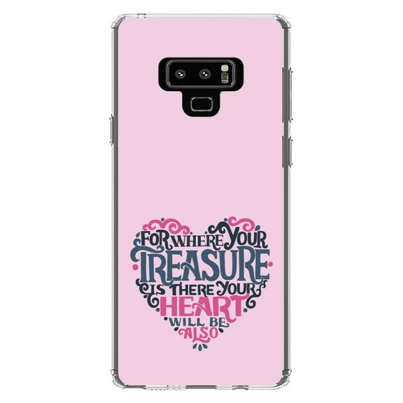 DistinctInk Clear Shockproof Hybrid Case for Samsung Galaxy Note 9 - TPU Bumper, Acrylic Back, Tempered Glass Screen Protector - For Where Your Treasure Is There Your Heart Will Be