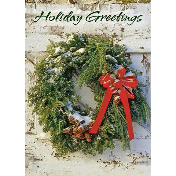 Fravessi Holiday, New Years Boxed Greeting Card Multi-Pack Set (5" x 7") | 16 Cards 17 Envelopes | Snow Covered Wreath Design | Green, Red