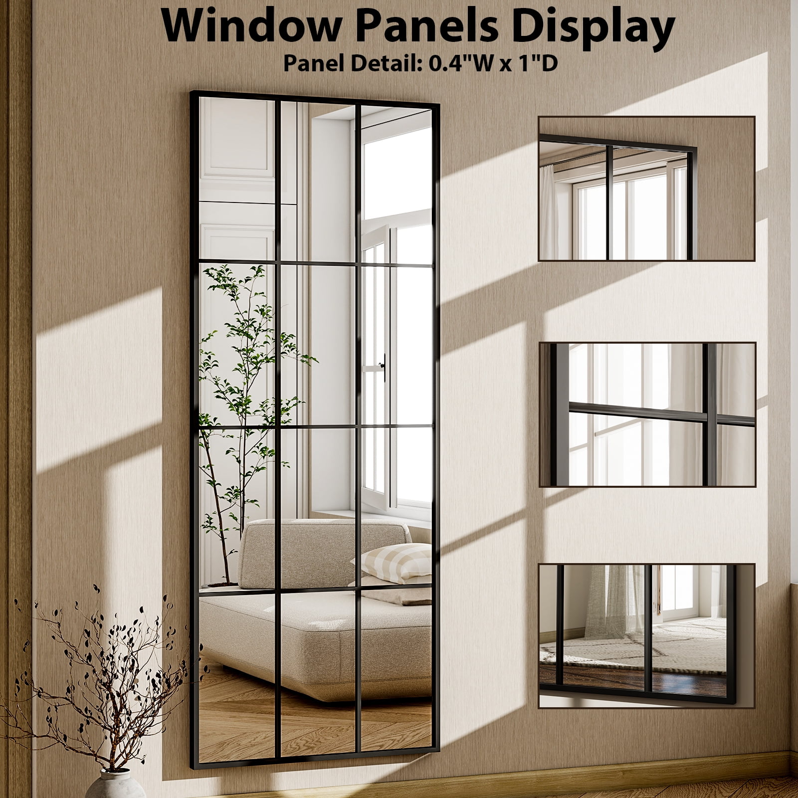 GRAHMCY 65"x25" Full Length Floor Mirror with Windowpane Rectangular Wall-Mounted Mirror, Black