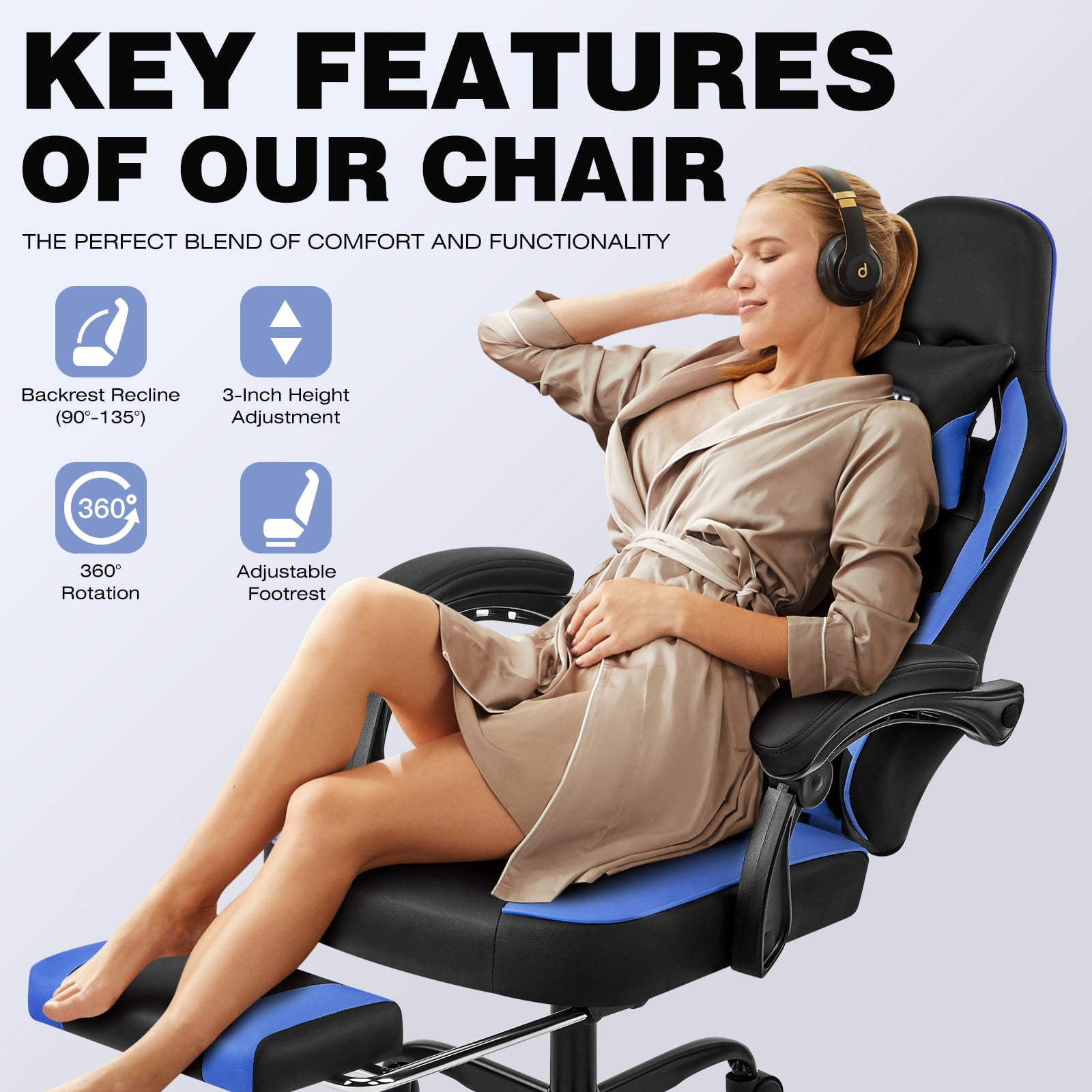 Falvinoryn Gaming Chair, Video Game Chair with Headrest and Lumbar Support,High Back Ergonomic Computer Chair with Footrest,Swivel Desk Office Chair, Blue