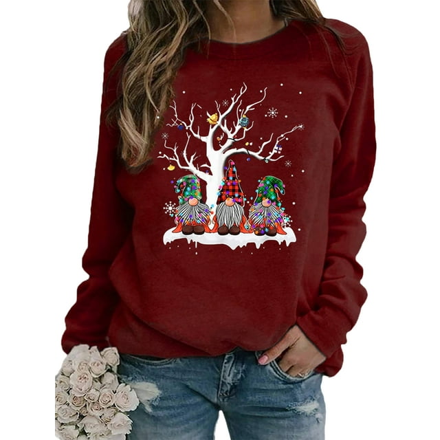 Innerwin Sweatshirts de Noël Imprimé Gnome pour Femmes Pull Col Rond Confortable Xmas Sweat-Shirt Bordeaux TP