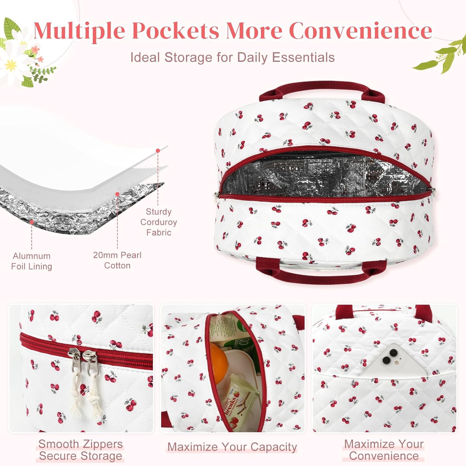 Lunch Box for Women Quilted Insulated Lunch Bag Tote Cute Reusable Floral Cotton Lunch Box Large Capacity Lunch Bag for Work Picnic Travel Aesthetic Coquette Style