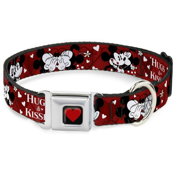 Disney Pet Collar, Dog Collar Metal Seatbelt Buckle, Mickey Minnie Hugs Kisses Poses Reds White, 9.5 to 13 Inches 1.0 Inch Wide