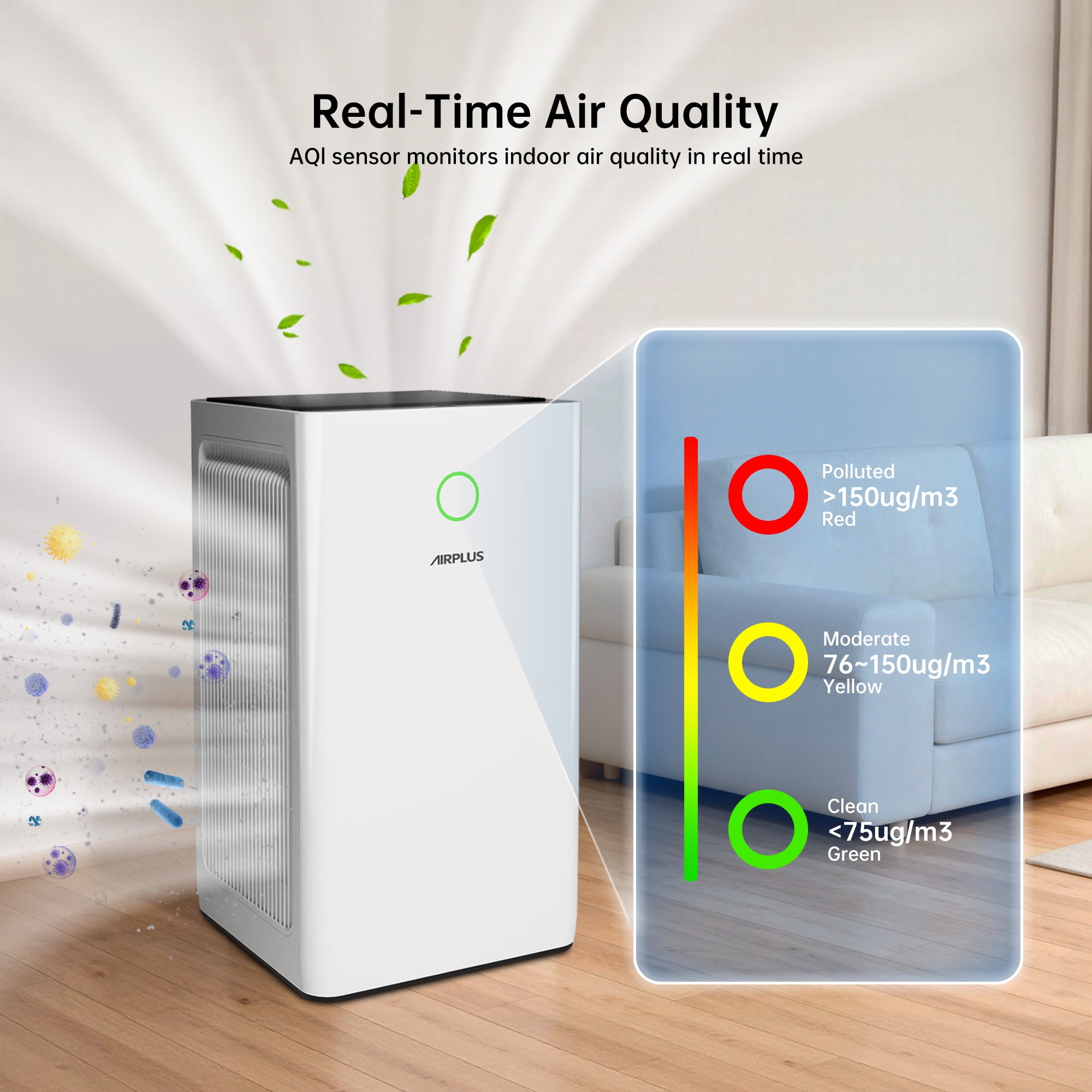 AIRPLUS Air Purifiers for Home Large Rooms up to 5000 Ft², H13 True HEPA 99.97% Filtration with Sleep Mode & Child Lock, 260 CFM CADR, PM2.5 Air Quality Display Removes Allergies, Pet Odor, Pollen