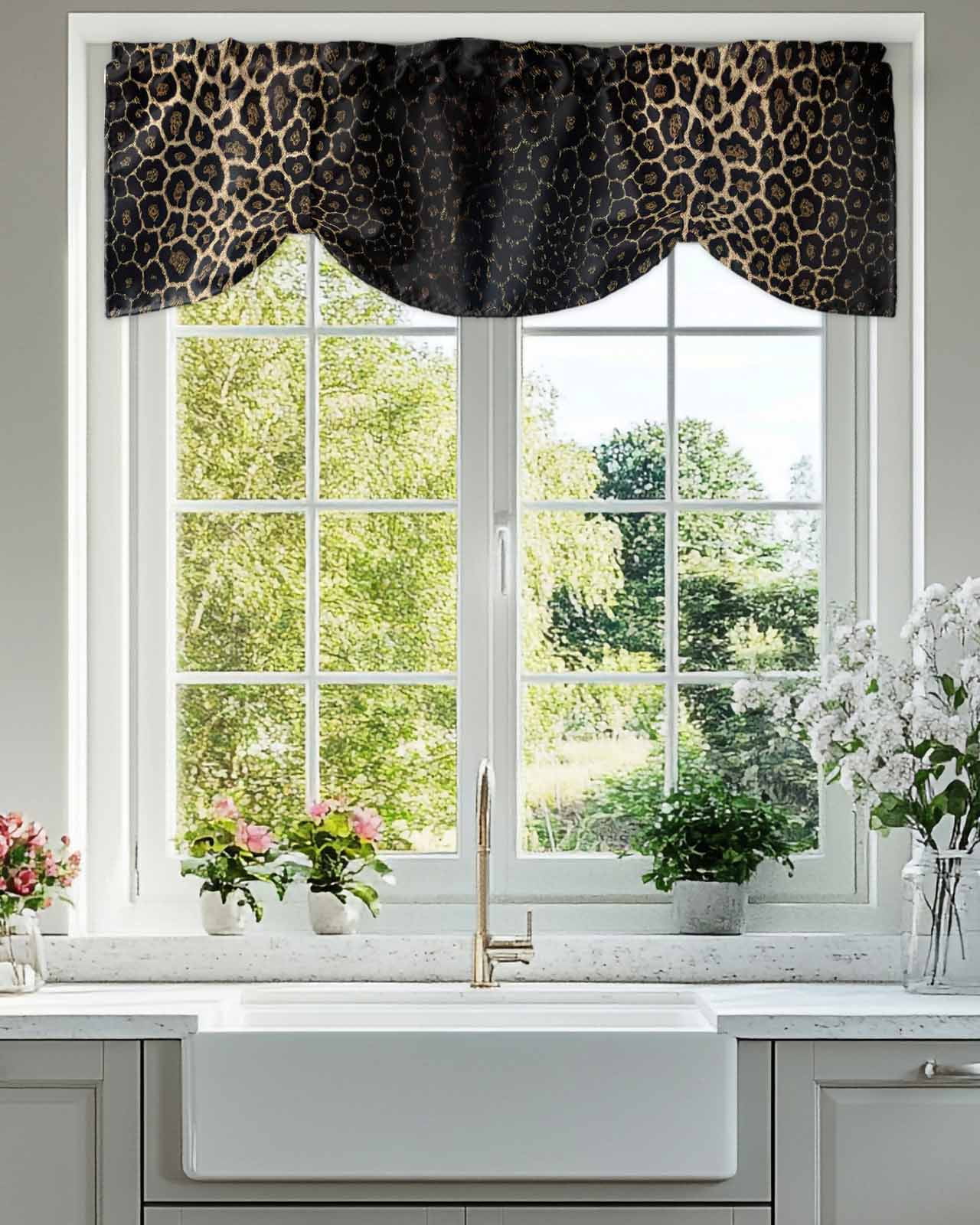 Leopard Print Tie Up Valances Curtain, Dot Gradient Texture Kitchen Valances for Windows Decor, Rod Pocket Short Curtains Set for Bedroom/Bathroom, 60"x18"