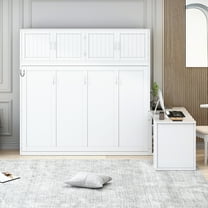 Queen Size Wall Murphy Bed with Desk and Storage Shelves and Big Cabinets, White