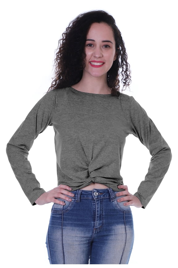 Womens Full Sleeves Front Knot Crop Top Summer Tshirt Plain Tee Tops