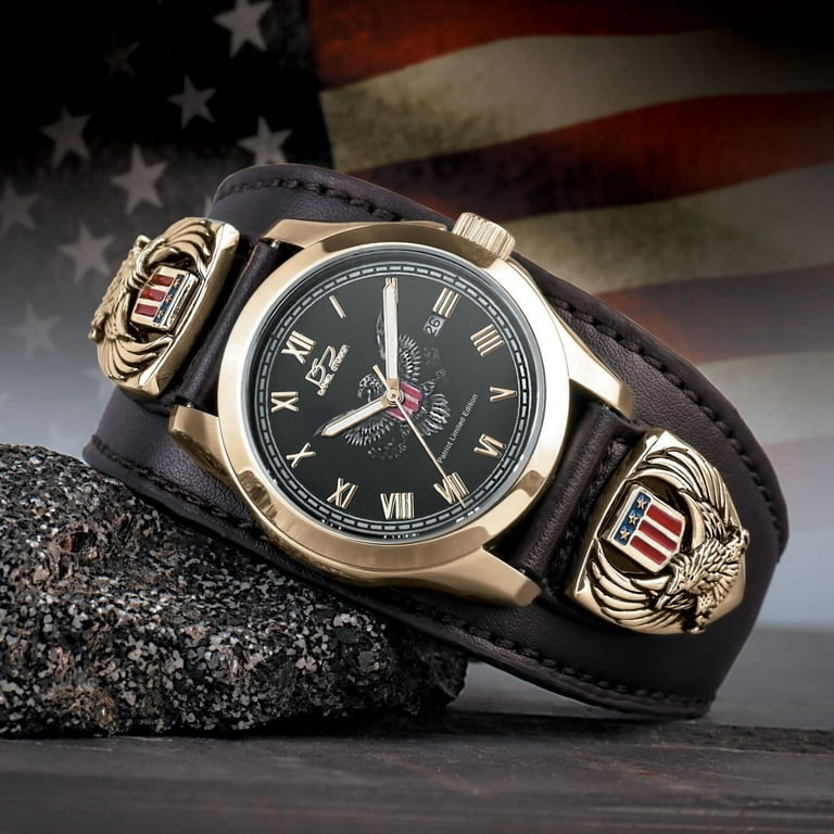  Daniel Steiger Patriot (Limited Edition) Luxury Leather 18k  Gold Watch - Water Resistant - Genuine Leather Cuff Style Strap -  Traditional American Detail - Solid Stainless Steel - 18k Gold Fused 
