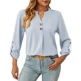thumbnail image 2 of ClodeEU Women V Neck Henley Long Sleeve Pleated Blouse,Casual Loose Solid Tunic Top Light Blue,Women's Plus L, 2 of 6