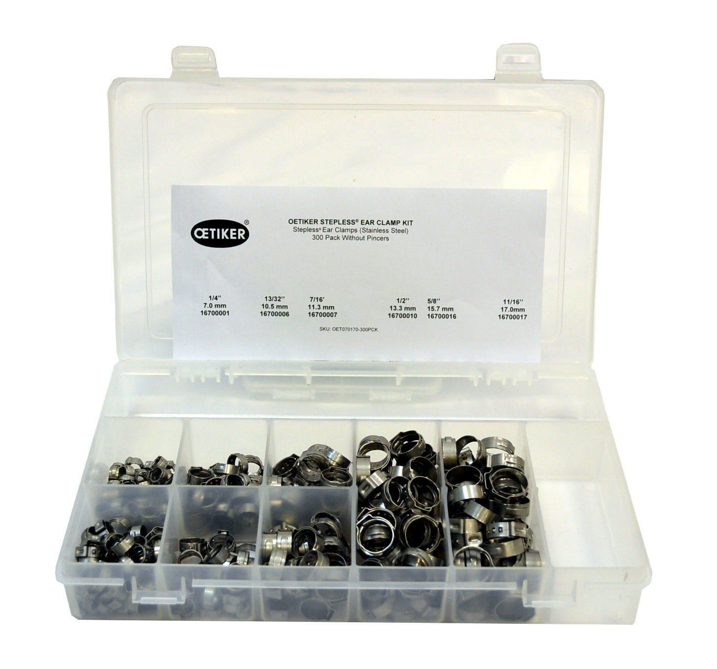 Oetiker Clamp Assortment Case, Single Ear Hose Clamps (300 Pack (1/4